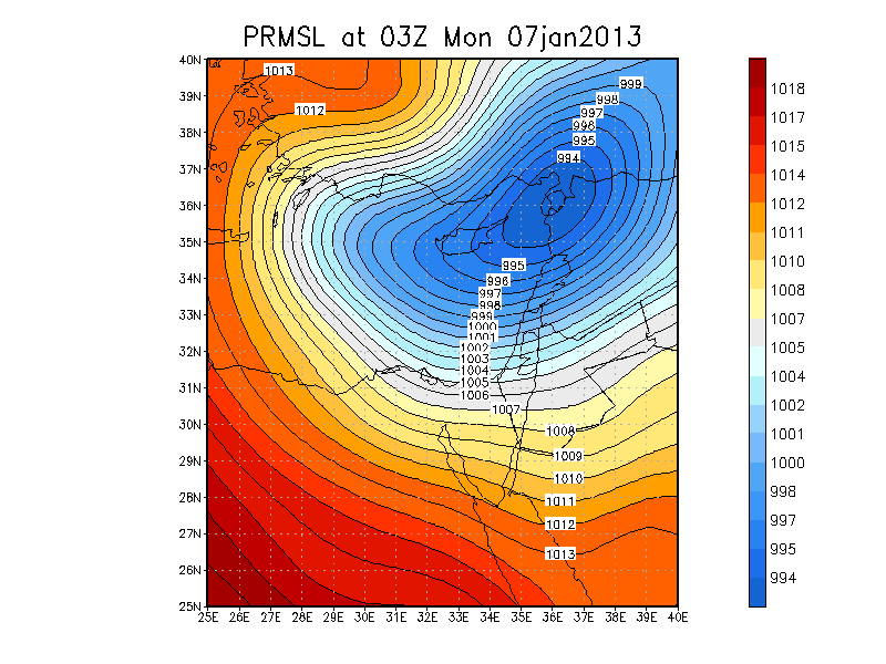 מפת לחץ פני הים ליום שני בבוקר 7 לינואר 2013